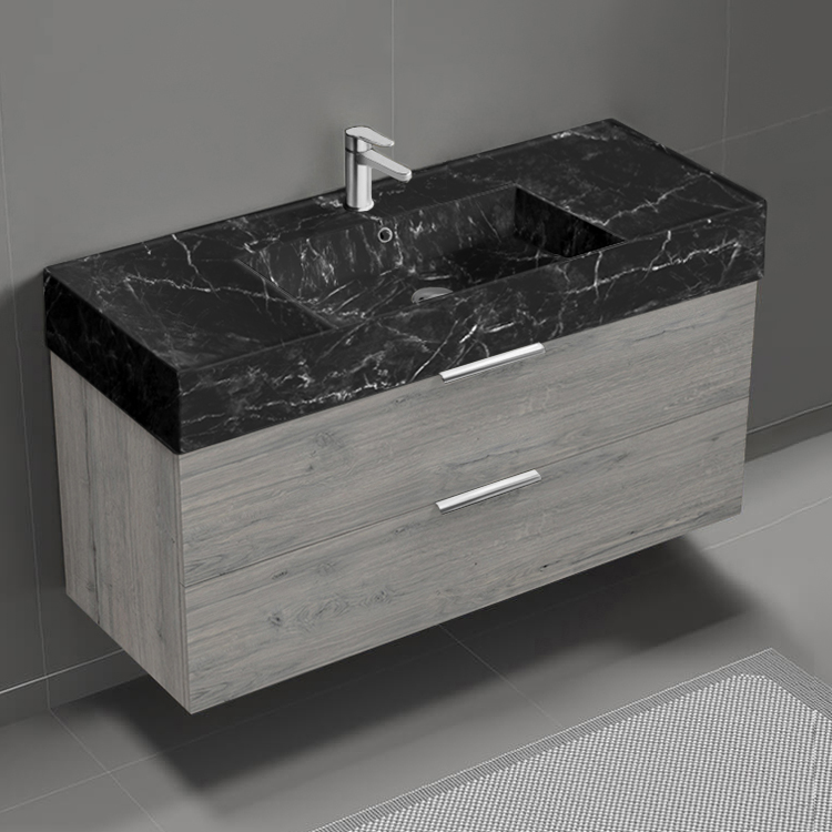 Nameeks DERIN953 Modern Bathroom Vanity With Black Marble Design Sink, Wall Mounted, 48 Inch, Grey Oak